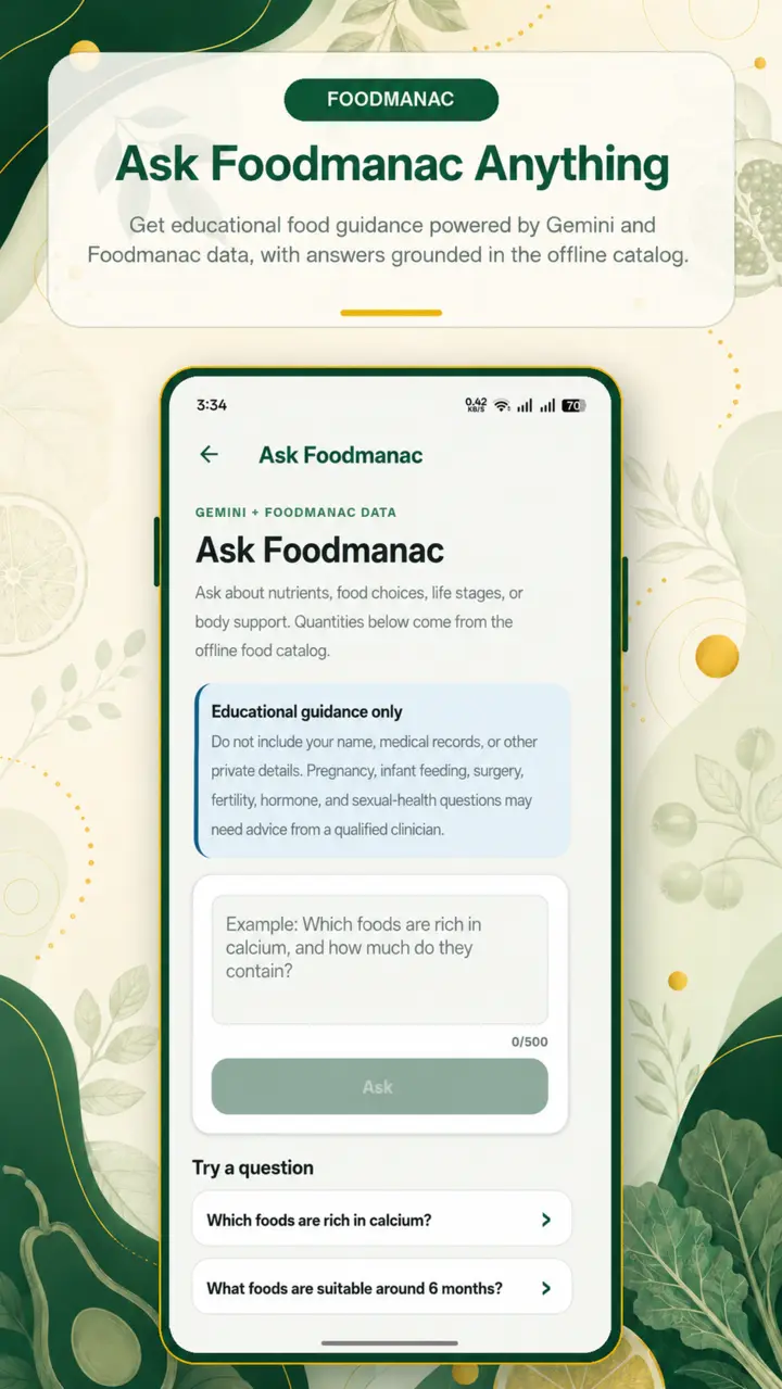 Ask Foodmanac screen for educational questions about nutrients and food choices