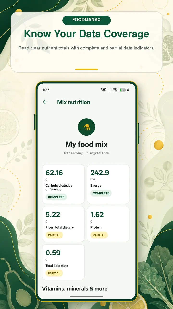 Foodmanac nutrition data status showing nutrient coverage for a food