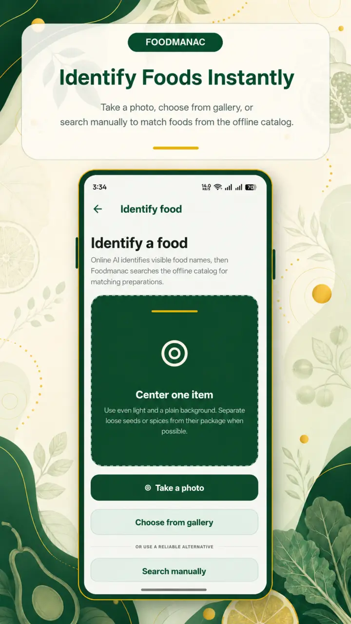 Foodmanac Identify Food feature showing photo, gallery and manual food identification options