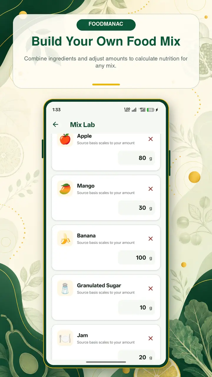Foodmanac Mix Lab combining foods and amounts for estimated nutrition totals